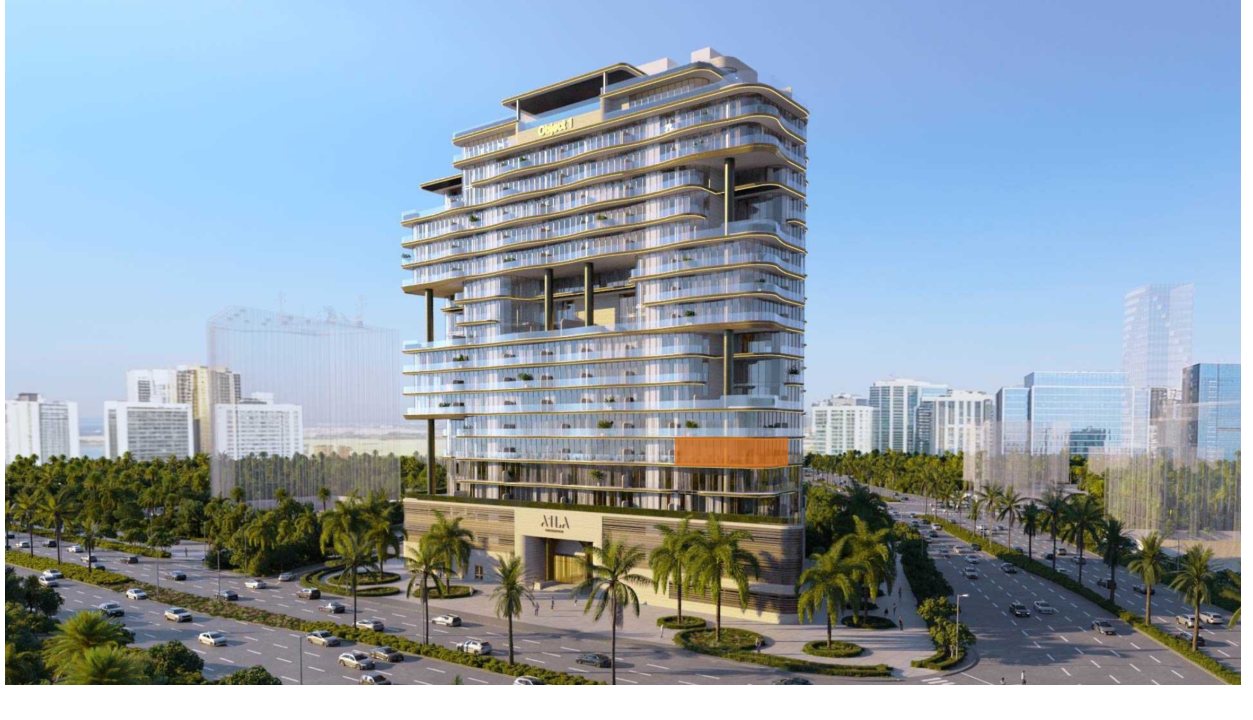 A1LA Residence seen from the street, a curved tower above a landscaped podium on Al Reem Island