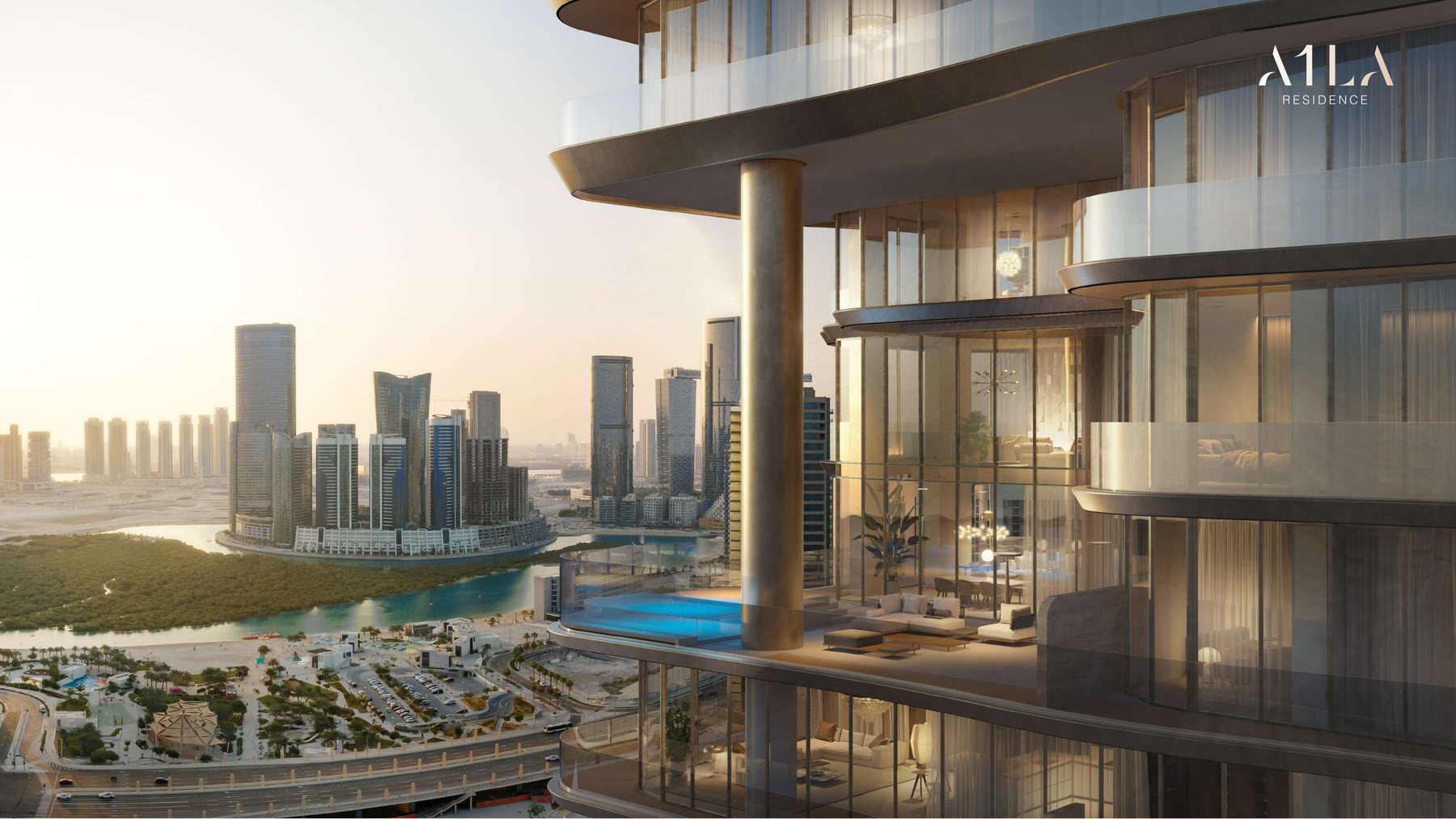 The view from a balcony at A1LA Residence over the Al Reem canal towards the Abu Dhabi skyline