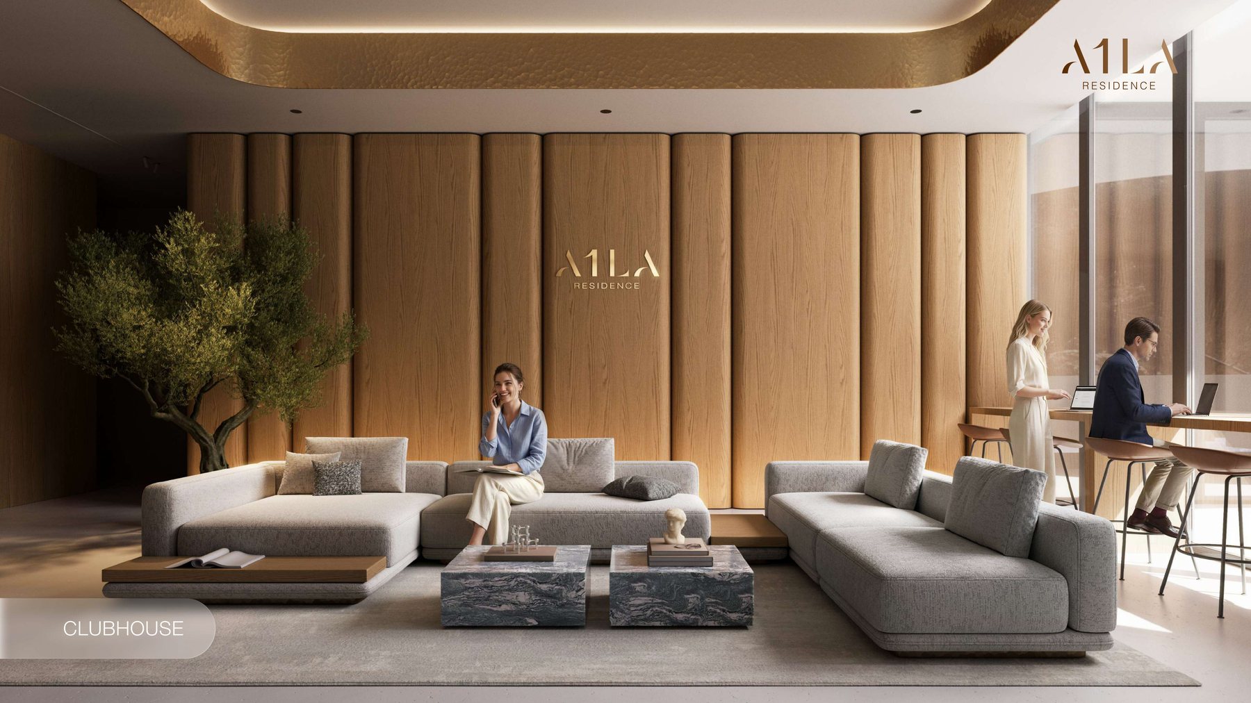 The clubhouse at A1LA Residence: a panelled lounge with sofas and co-working seating
