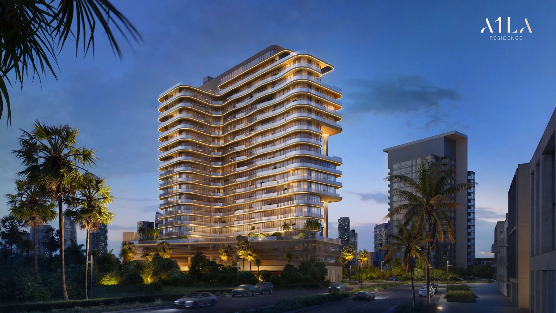 A1LA Residence at dusk: a curved, terraced seventeen-storey tower on Al Reem Island framed by palms