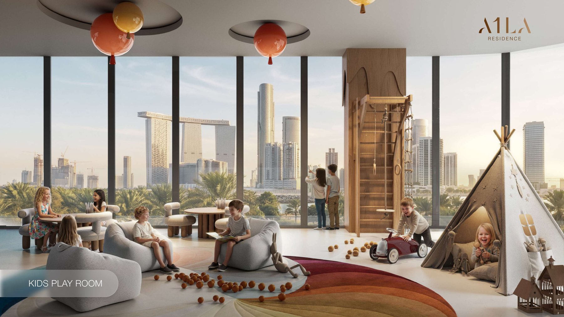 The kids' play room at A1LA Residence with climbing structures and a city view