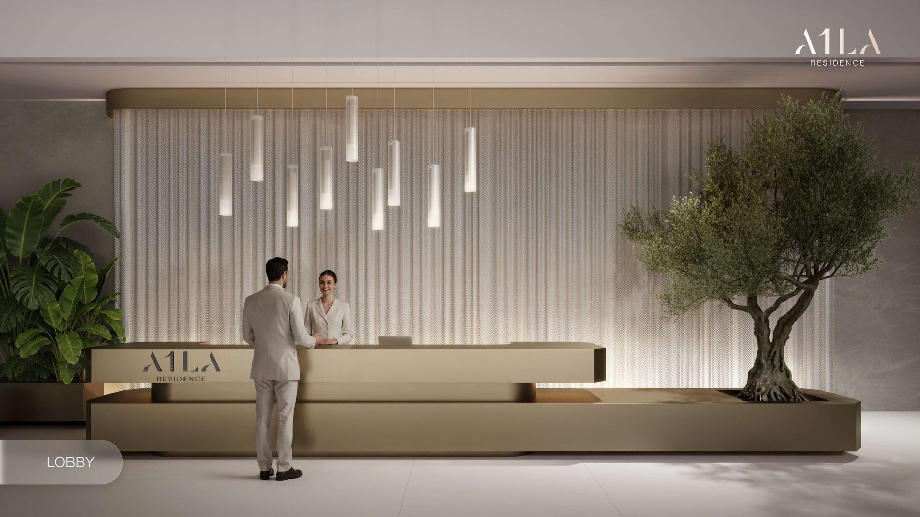 The double-height lobby at A1LA Residence with a sculptural olive tree