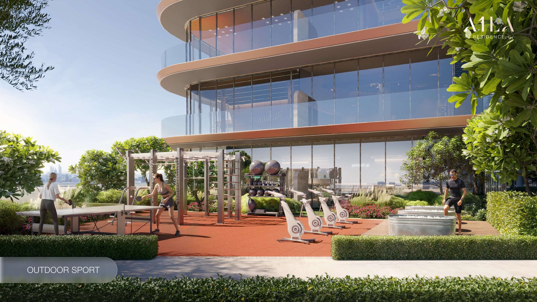 The outdoor sports deck at A1LA Residence beneath the tower's curved soffit