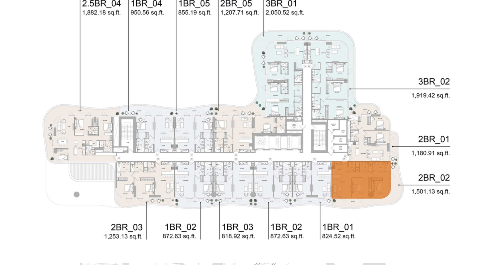 Typical floor plate at A1LA Residence with every unit type labelled and its area in square feet