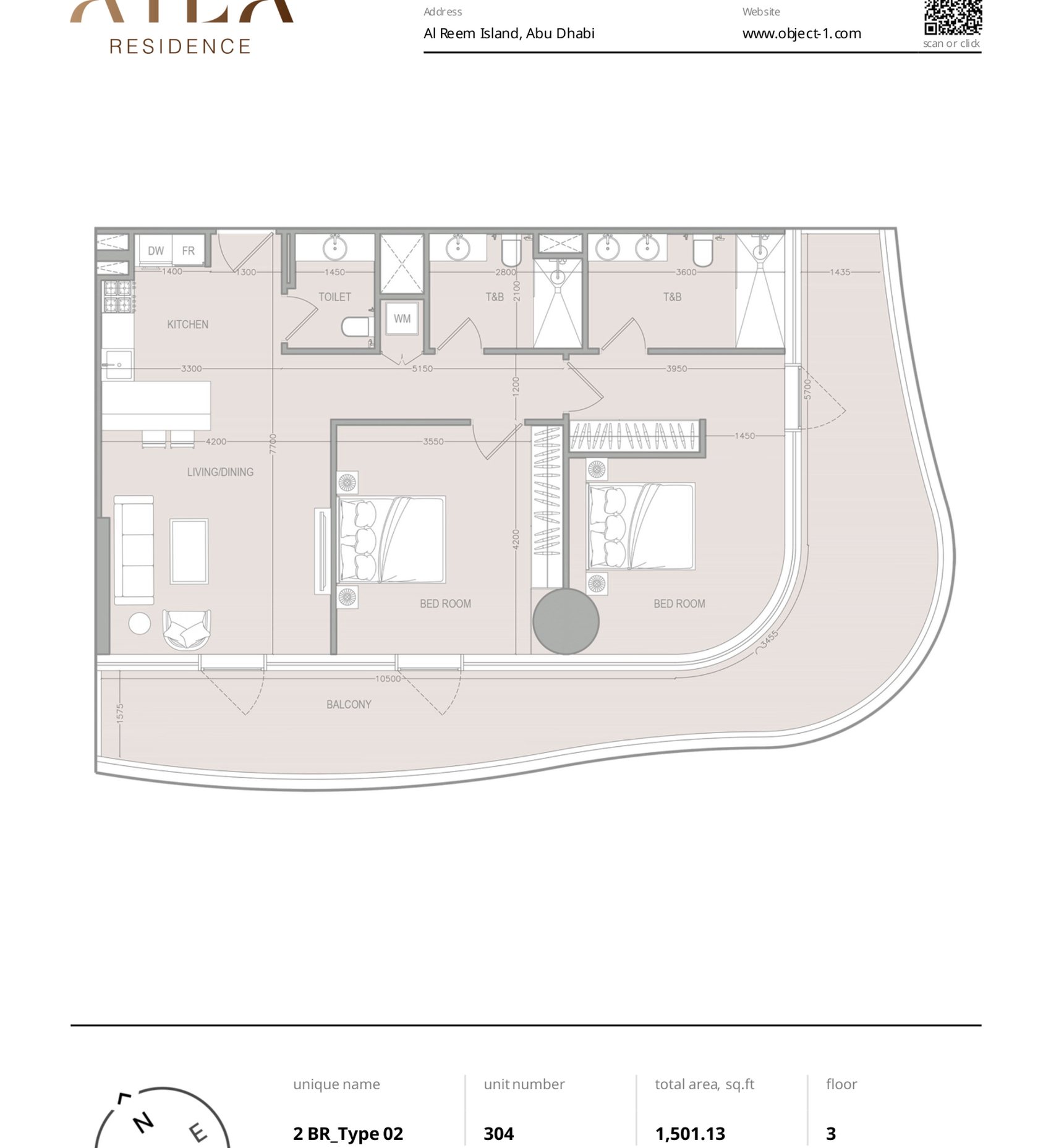 Floor plan of the 2 BR Type 02 apartment at A1LA Residence, unit 304, with room dimensions