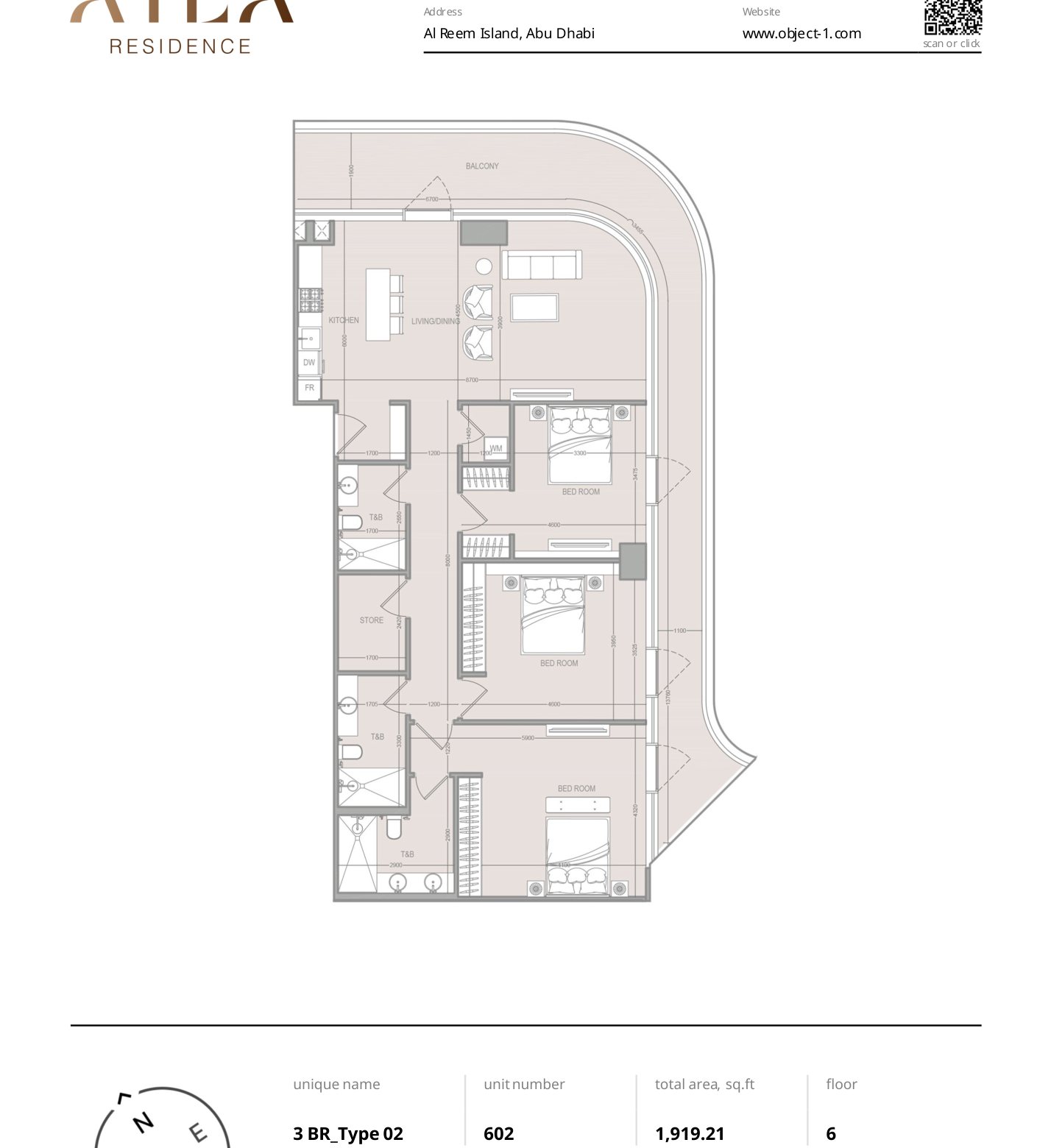Floor plan of the 3 BR Type 02 apartment at A1LA Residence, unit 602, with room dimensions