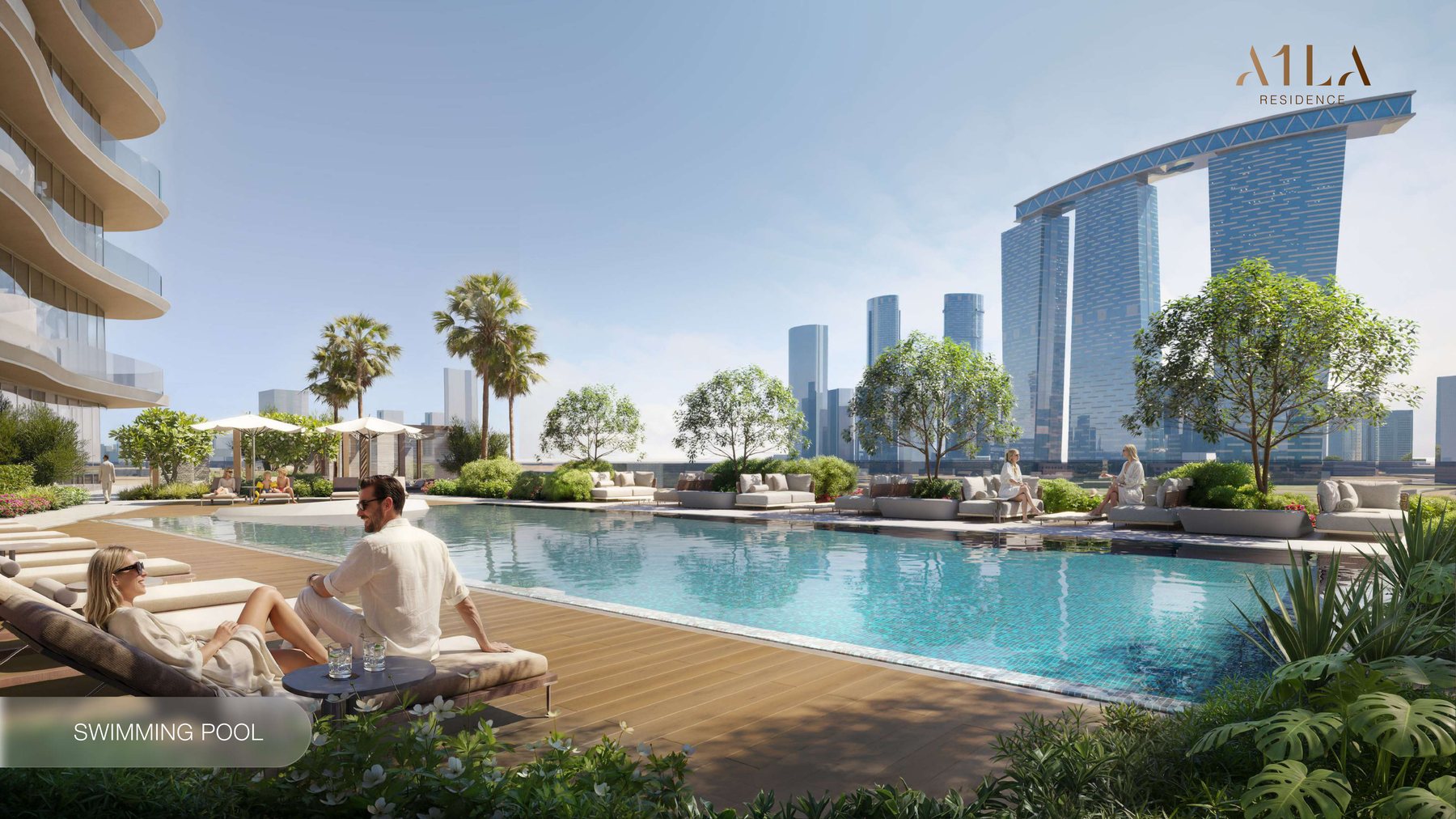 The main swimming pool at A1LA Residence with the Al Reem skyline behind
