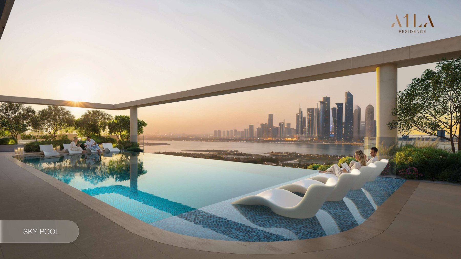 The sky pool on the seventeenth floor of A1LA Residence at sunset, looking over the water to the Abu Dhabi skyline