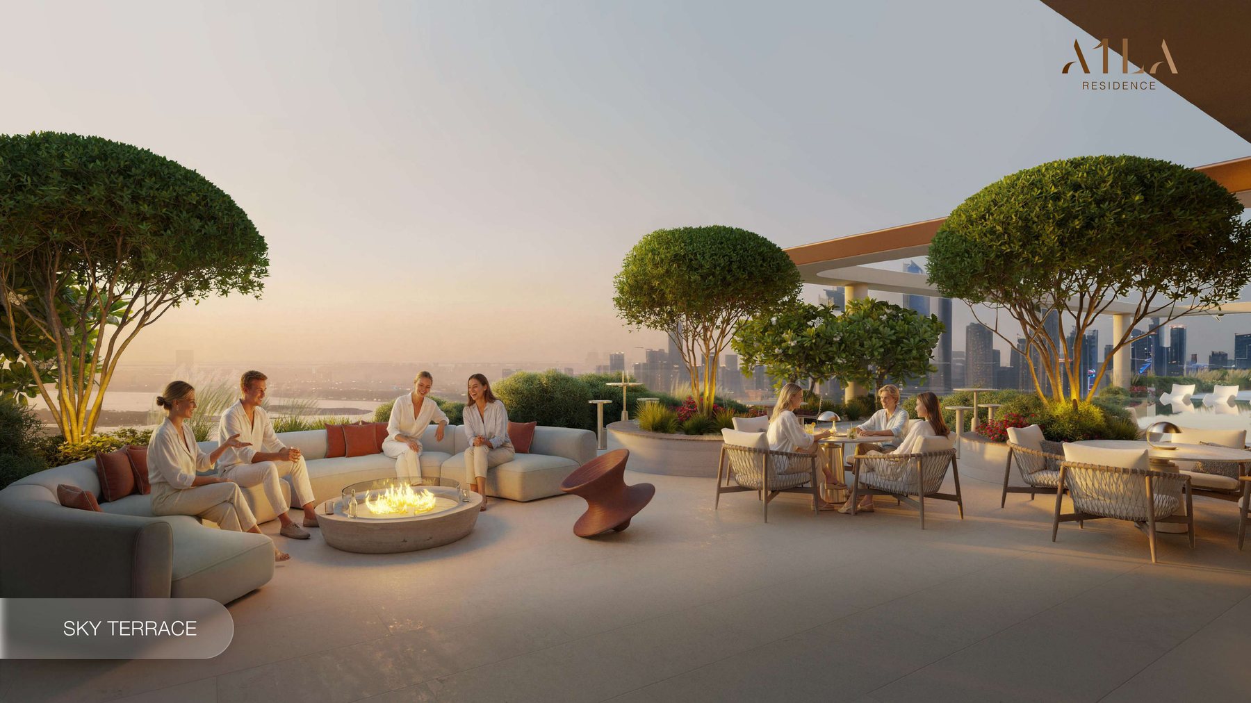 The sky terrace at A1LA Residence with fire pit seating and mature planting