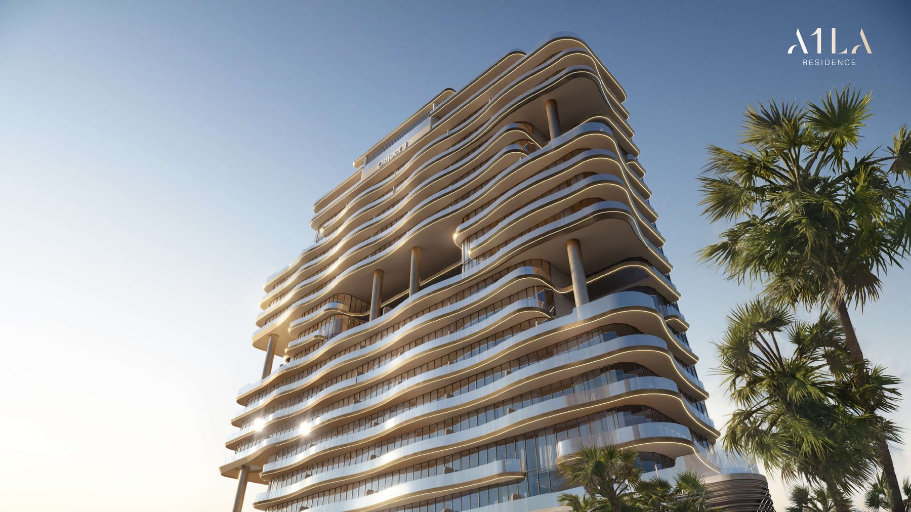 Looking up at the stacked curved balconies of A1LA Residence against a clear sky