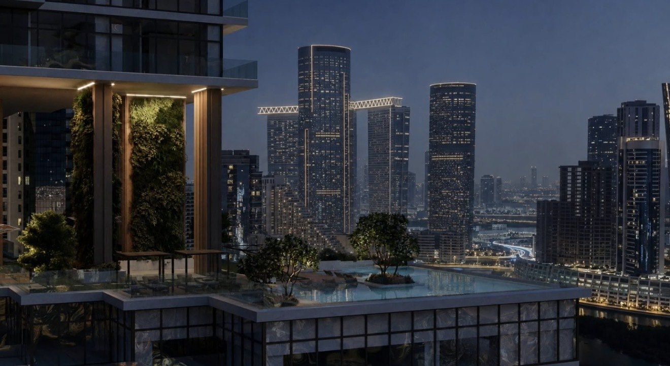 Residence 77 in the evening with the Abu Dhabi skyline behind