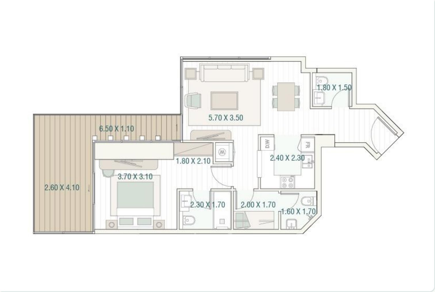 Layout sheet 1: a one-bedroom apartment with a terrace
