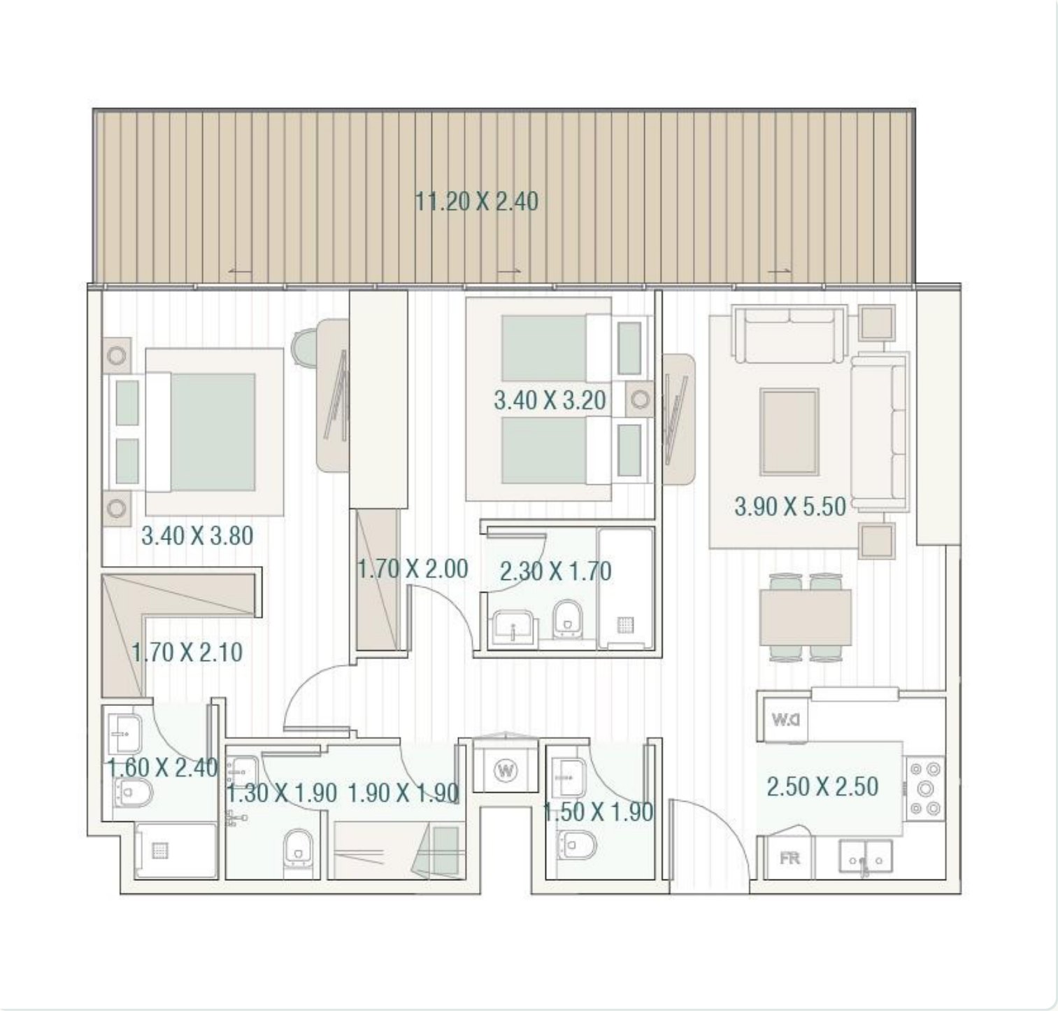Layout sheet 2: a two-bedroom apartment with a long terrace