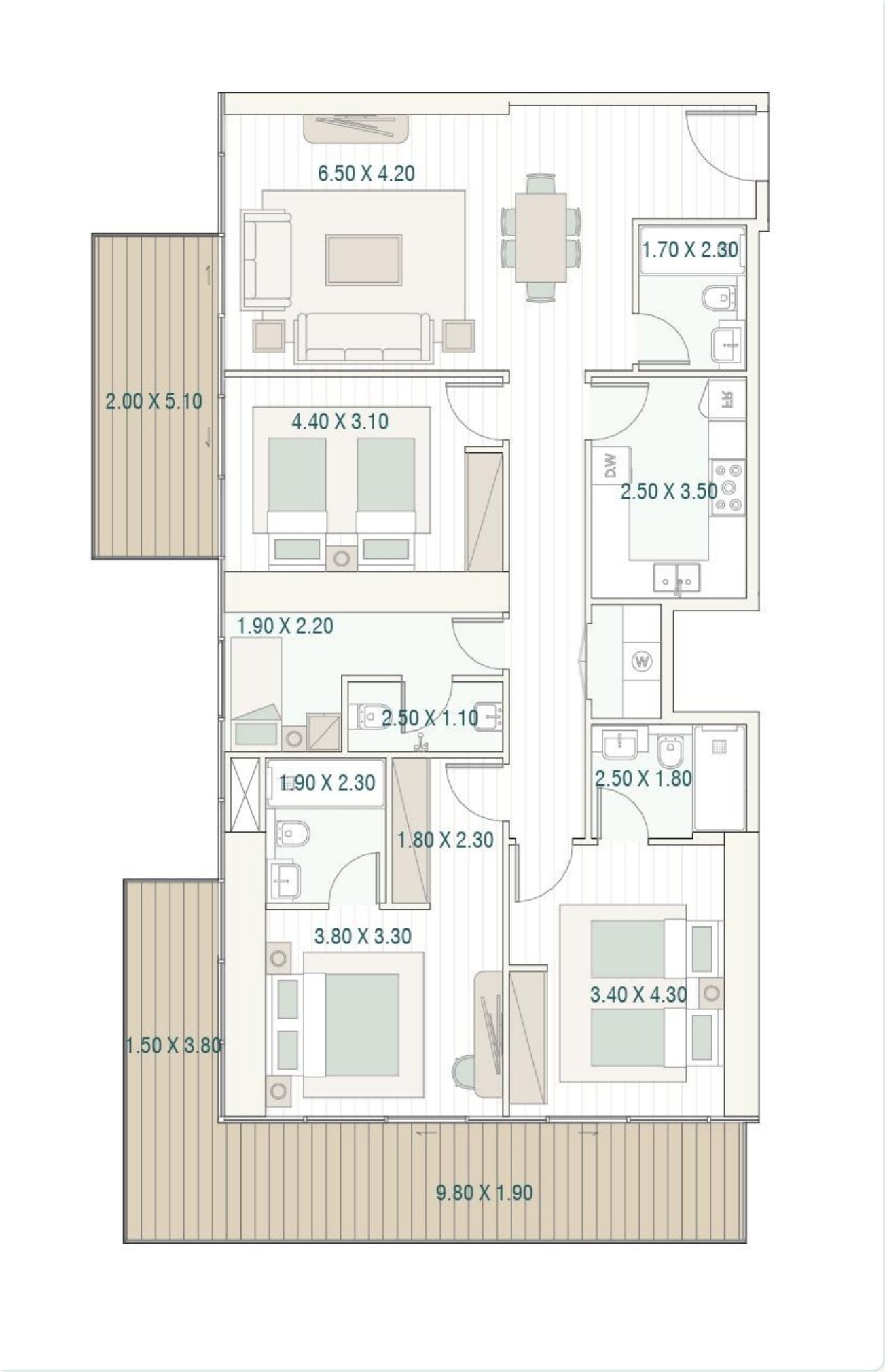 Layout sheet 3: a larger apartment with multiple bedrooms and two terraces