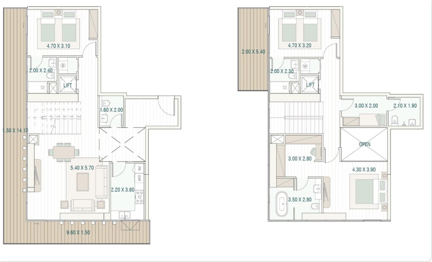 Layout sheet 4: a two-level residence shown as two floor plates