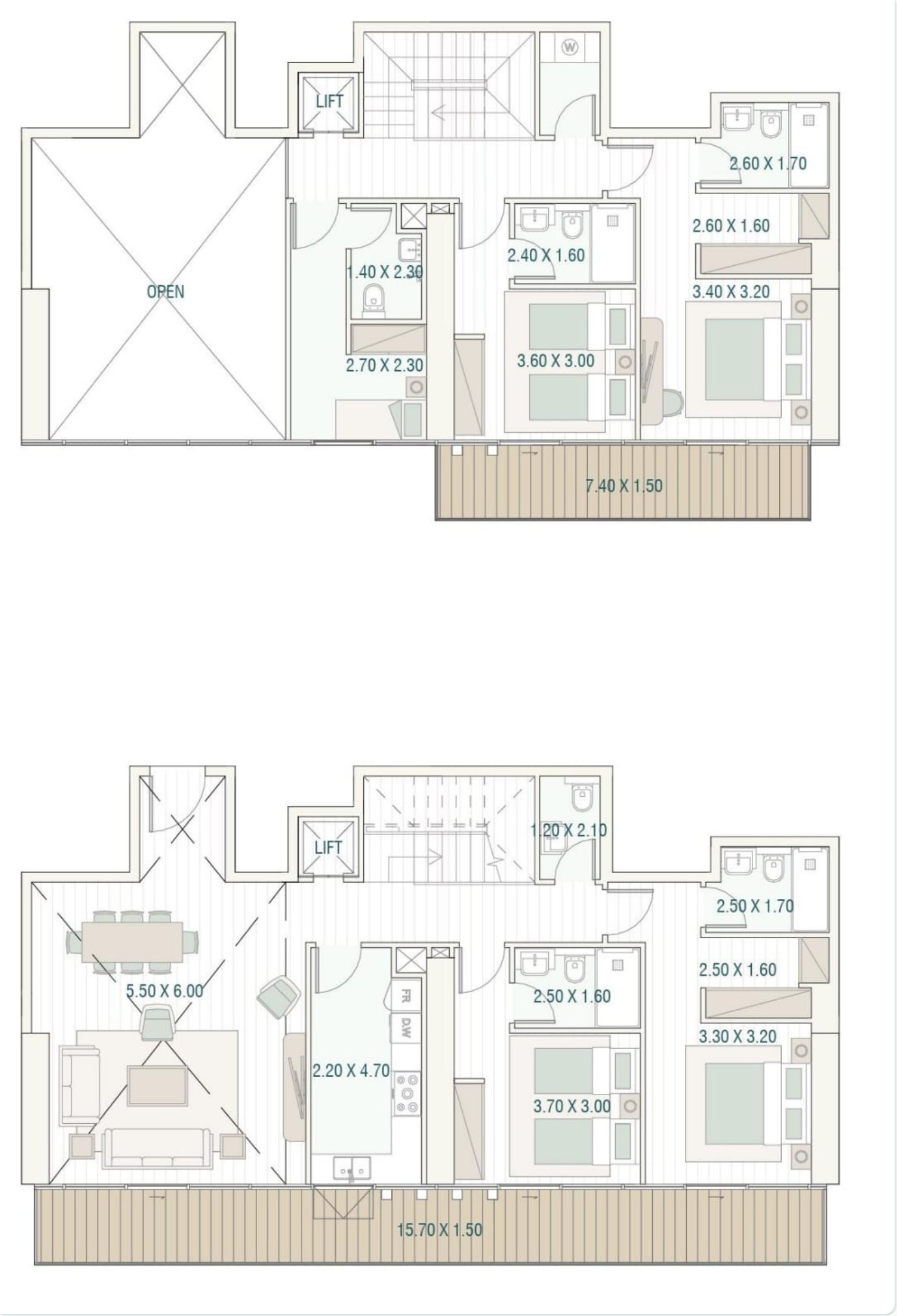 Layout sheet 5: a duplex shown as lower and upper floor plates