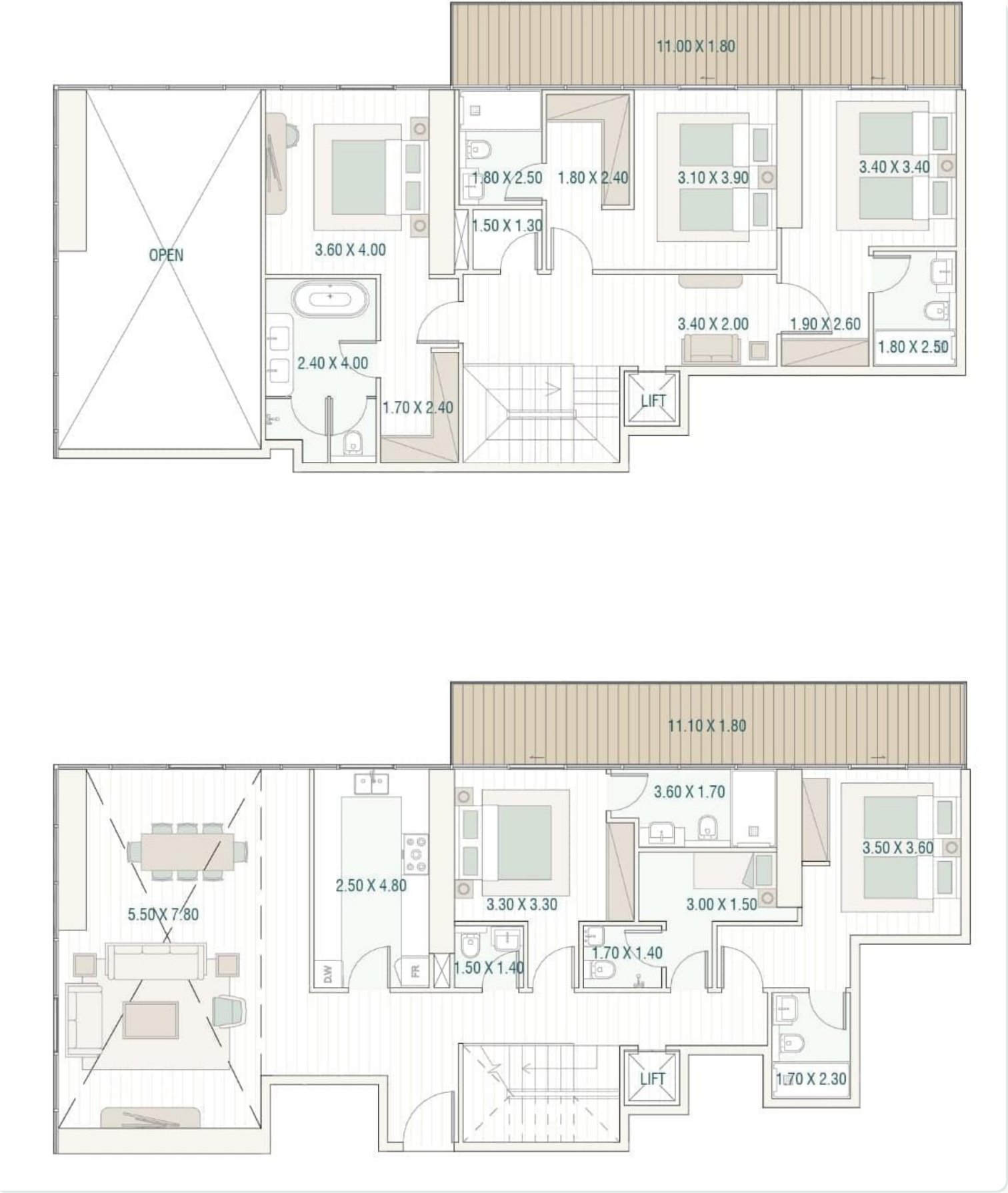 Layout sheet 6: the largest duplex, lower and upper floor plates