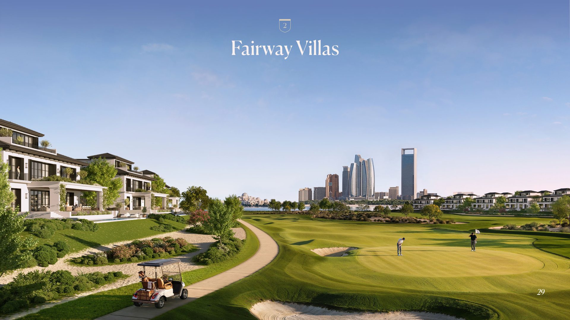 Hudayriyat Golf Estates — Fairway Villas на фоне поля для гольфа и горизонта Абу-Даби