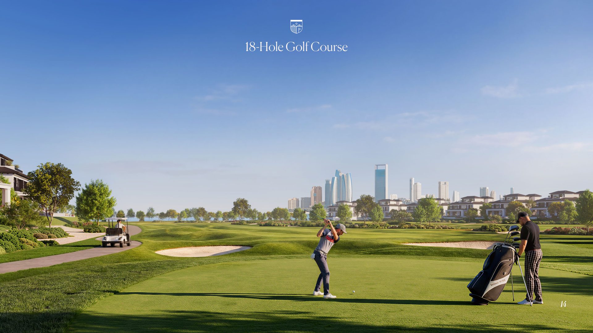Поле для гольфа на 18 лунок Hudayriyat Golf Estates на фоне горизонта Абу-Даби
