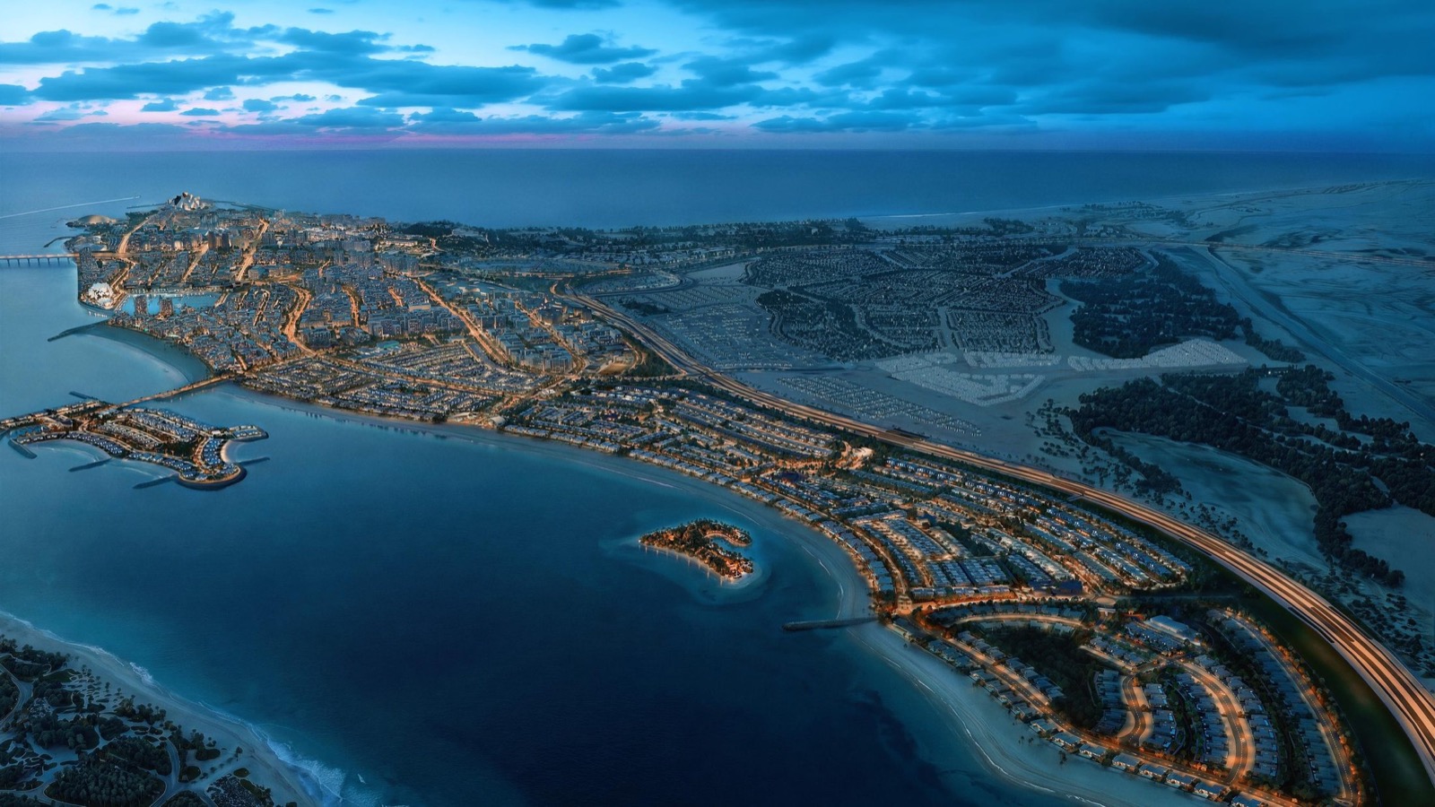 Waterfront development in Abu Dhabi at dusk