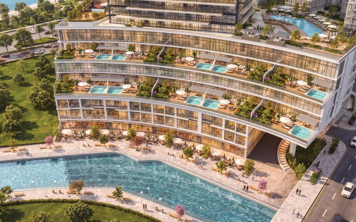 The stepped, terraced podium of Radiant Terrace on Al Reem Island, with plunge pools on each level