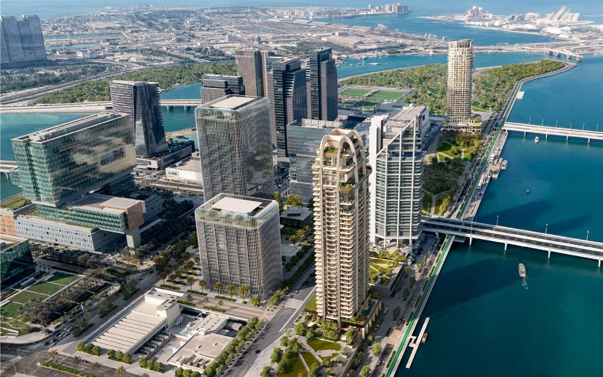 Aerial view of The Ritz-Carlton Residences tower on the Al Maryah Island waterfront