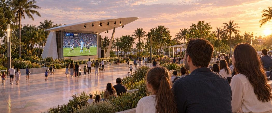 Families watching a football match on a big screen at the open-air amphitheatre at sunset