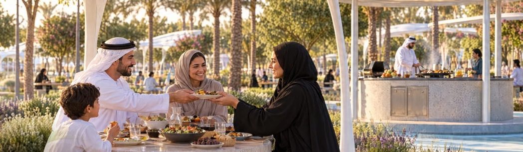 A family sharing a meal at the barbecue zone