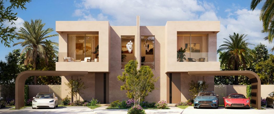 Render of a pair of duplex homes in sand-coloured render with arched carports