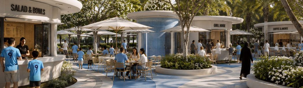 Kiosks and shaded seating at the park's food hub