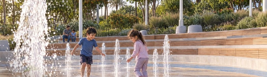 Children playing in a dry-deck fountain
