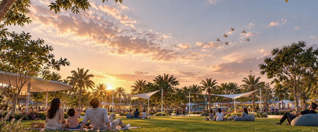 People picnicking on the lawns of the central garden at sunset