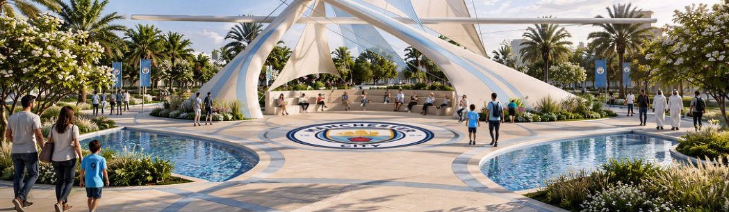 A white canopy landmark between two pools with the Manchester City crest set into the paving