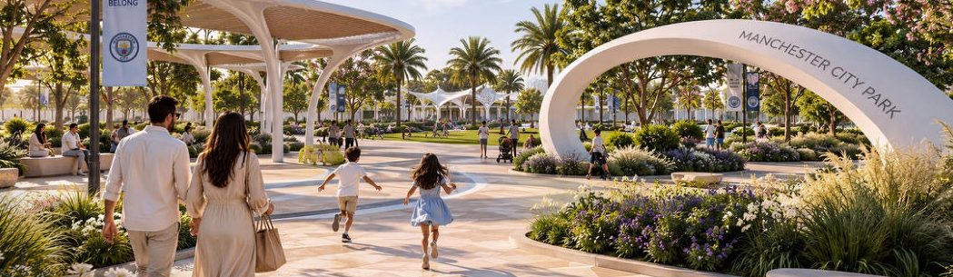 A family walking towards the sculptural Manchester City Park arch