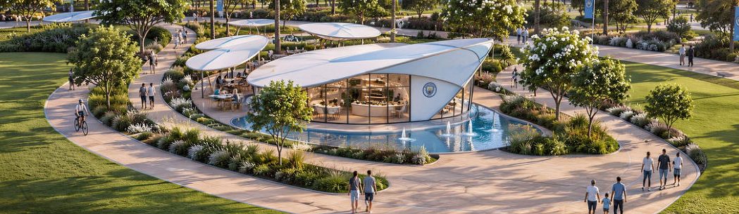 A curved pavilion café in the park surrounded by lawns and paths