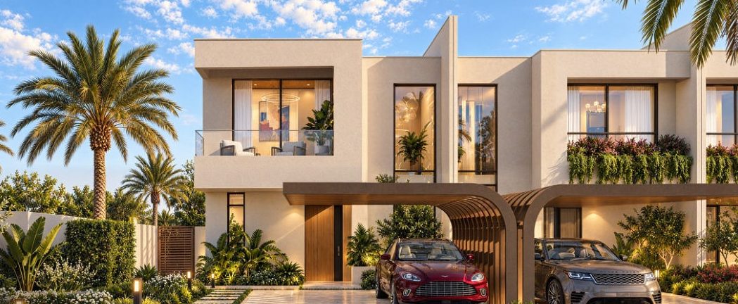 Render of a townhouse with a timber pergola over the driveway and planted balconies
