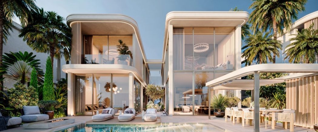 Render of a five-bedroom villa with curved white rooflines, a pool and an outdoor dining terrace