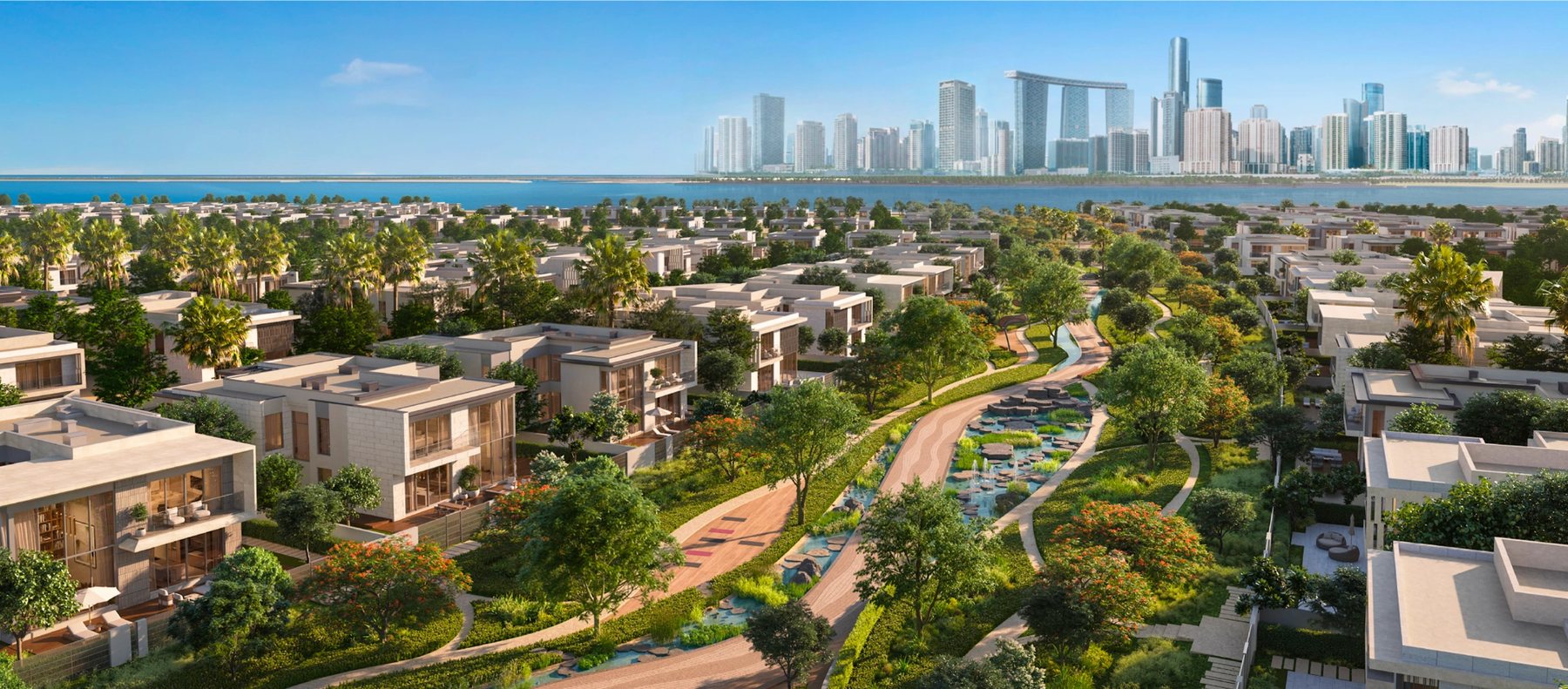 Aerial render of the Talay villa communities at Marsa Al Saadiyat, with green corridors running between the villas and the Abu Dhabi skyline beyond
