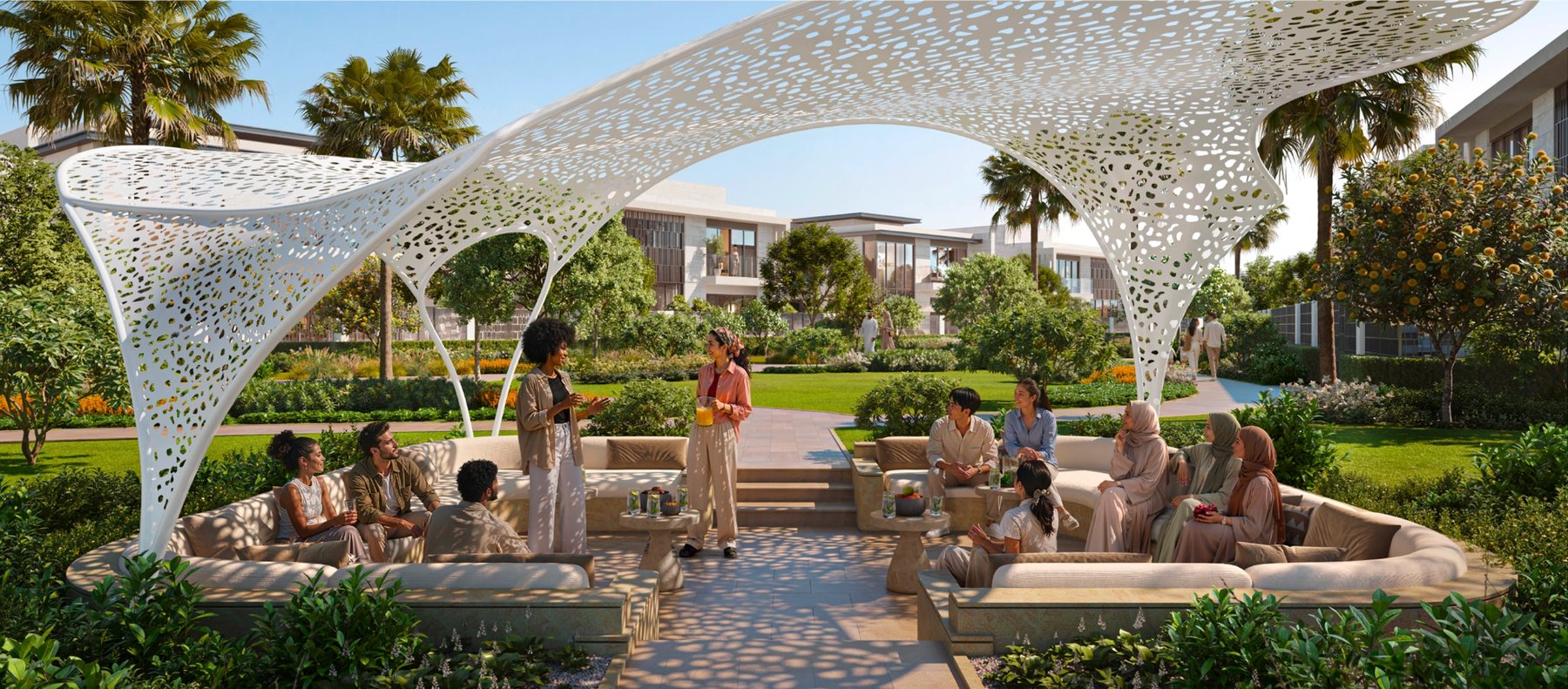 The outdoor majlis pavilion at Talay: a perforated white canopy over seating in a landscaped garden