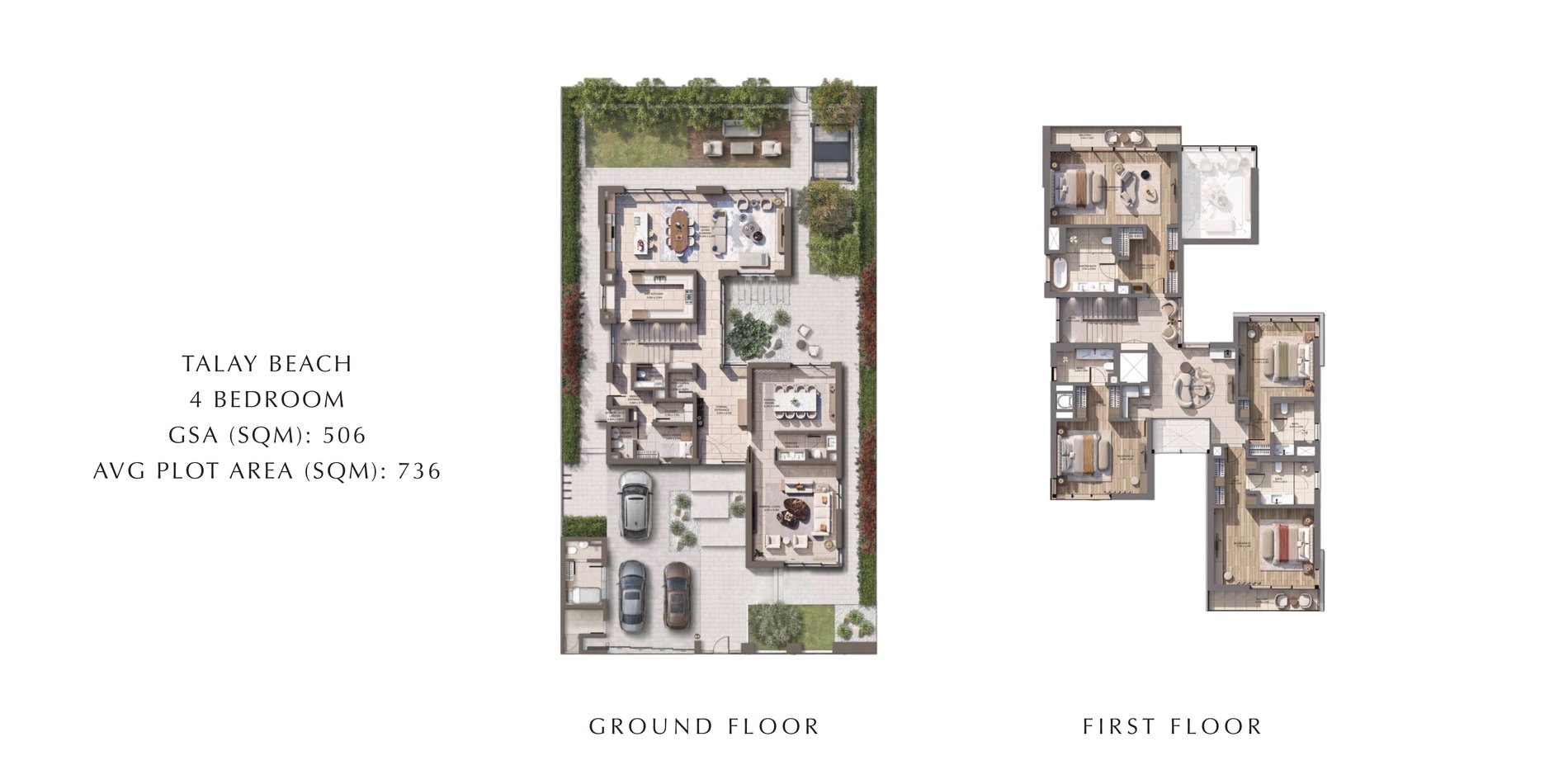 Talay Beach 4-bedroom villa floor plan: ground floor and first floor
