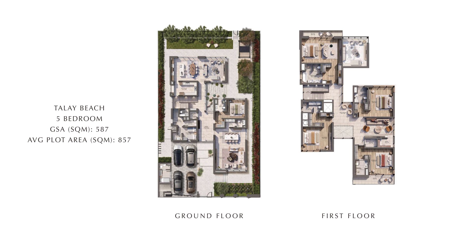 Talay Beach 5-bedroom villa floor plan: ground floor and first floor