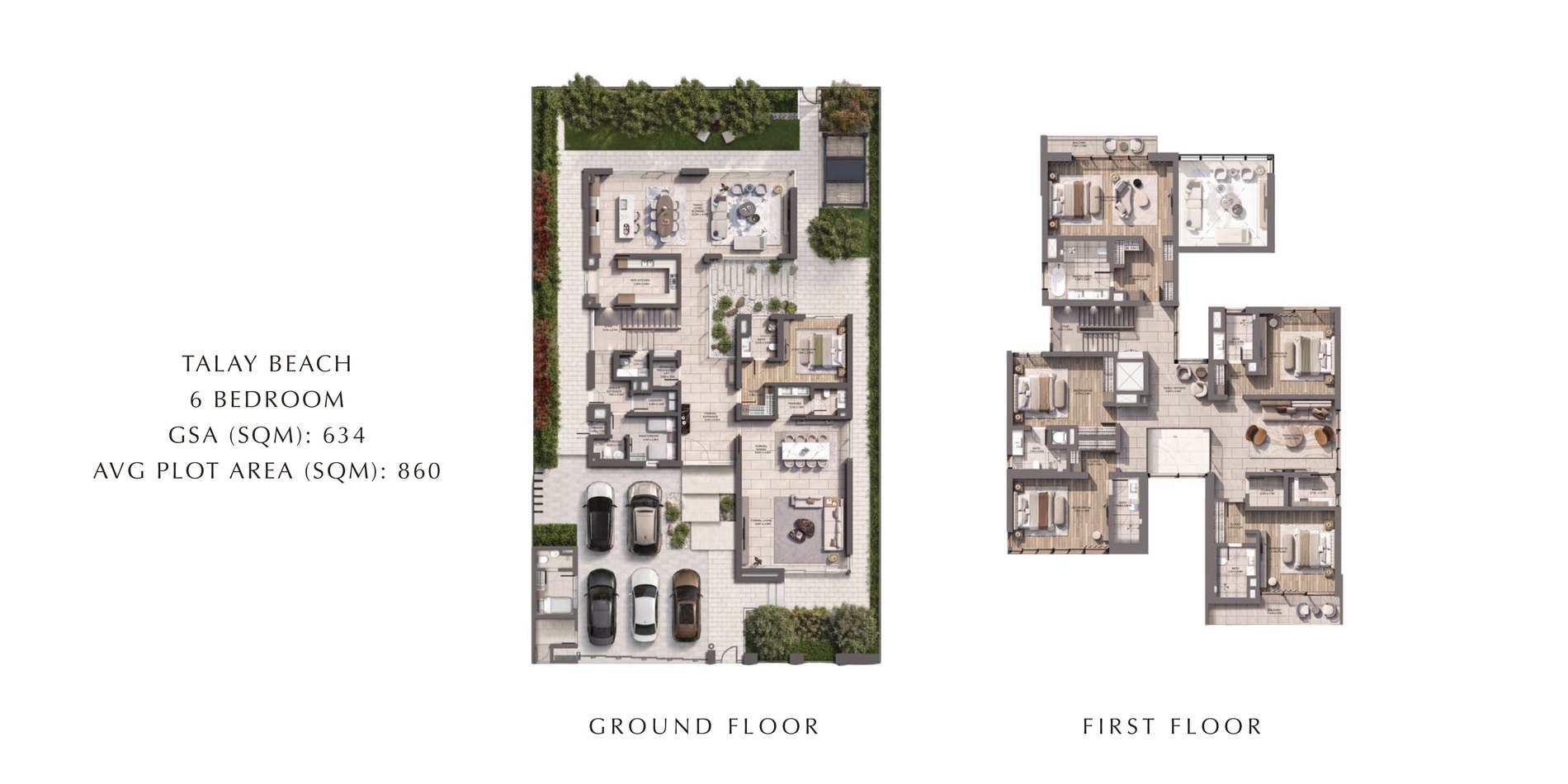 Talay Beach 6-bedroom villa floor plan: ground floor and first floor