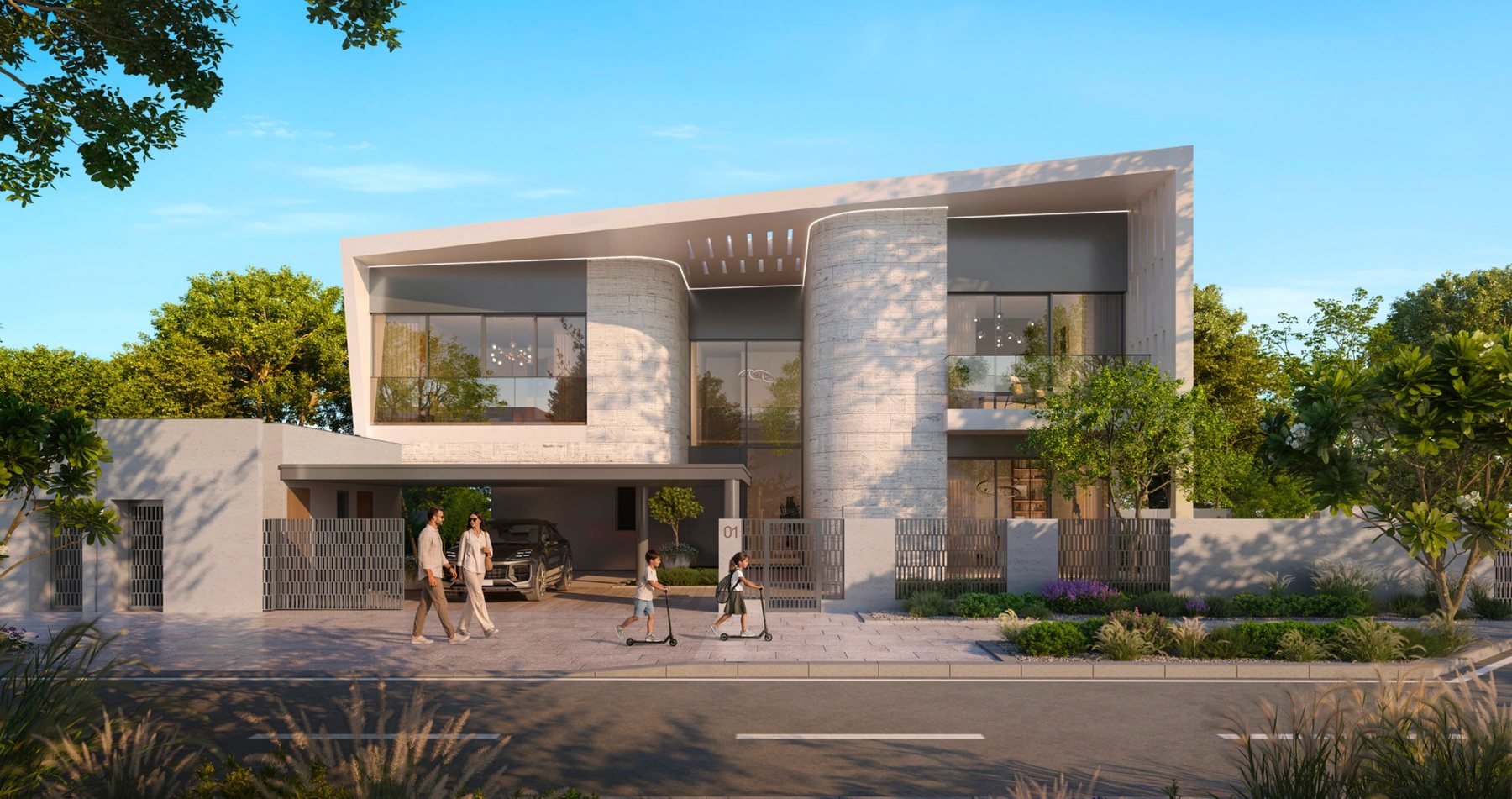 Street elevation of a Talay villa with a stone façade, carport and screened boundary wall