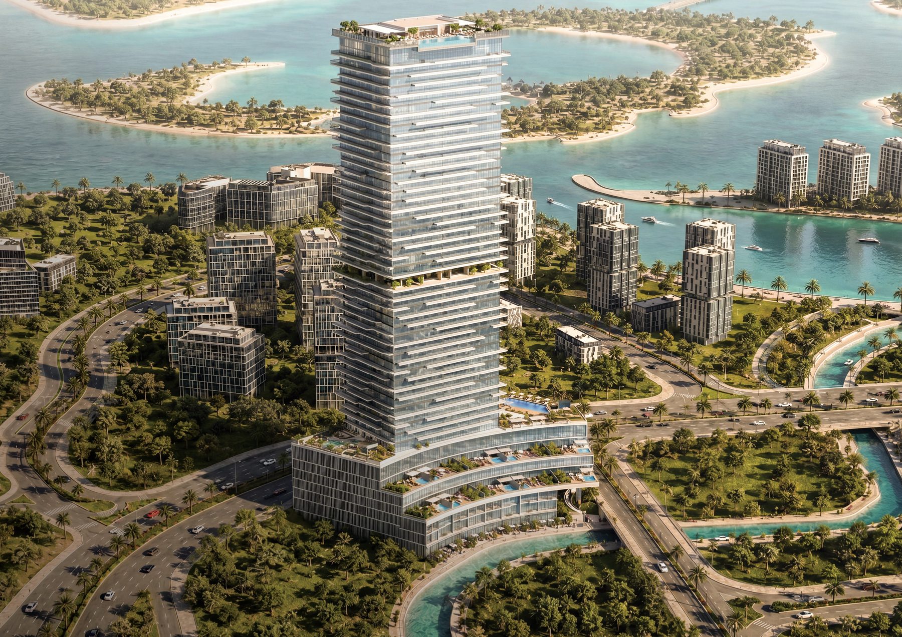 Aerial render of the Radiant Terrace tower on Al Reem Island, with the Abu Dhabi islands and lagoons behind it