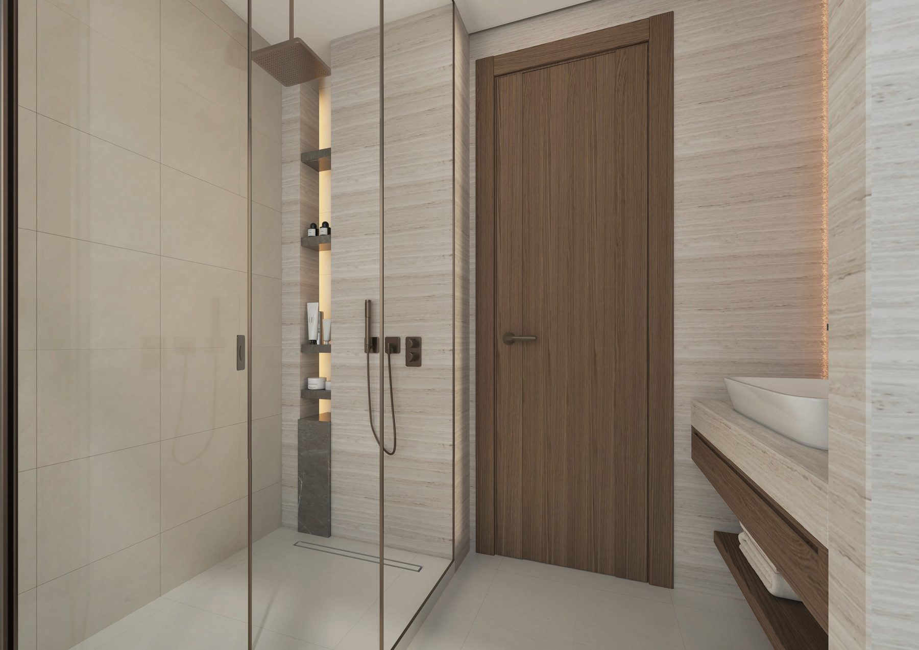 A bathroom at Radiant Terrace with a walk-in shower and timber doors