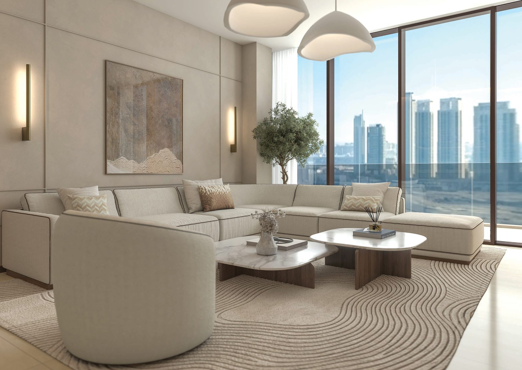 A living room at Radiant Terrace in warm neutrals with floor-to-ceiling glazing onto the Al Reem skyline