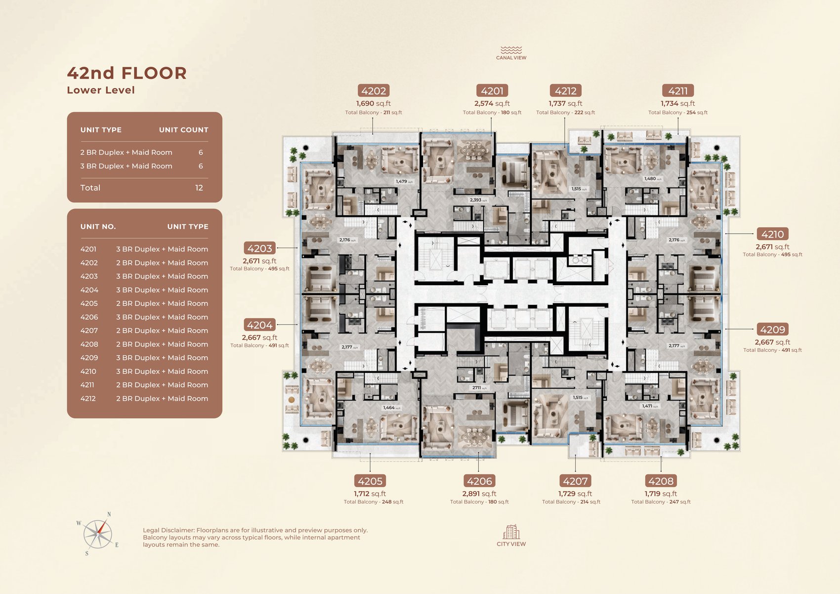 Radiant Terrace 42nd floor: the lower level of six two-bedroom and six three-bedroom duplexes