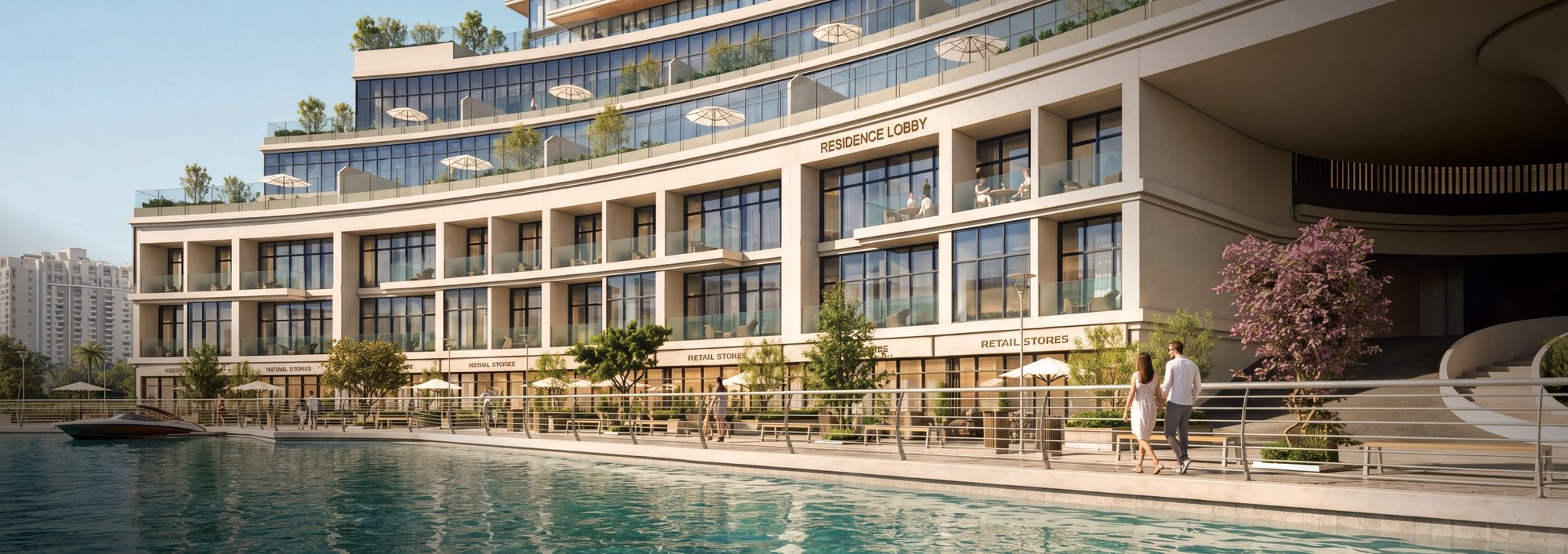 The base of Radiant Terrace on the canal: retail stores and the residence lobby along a waterside walk