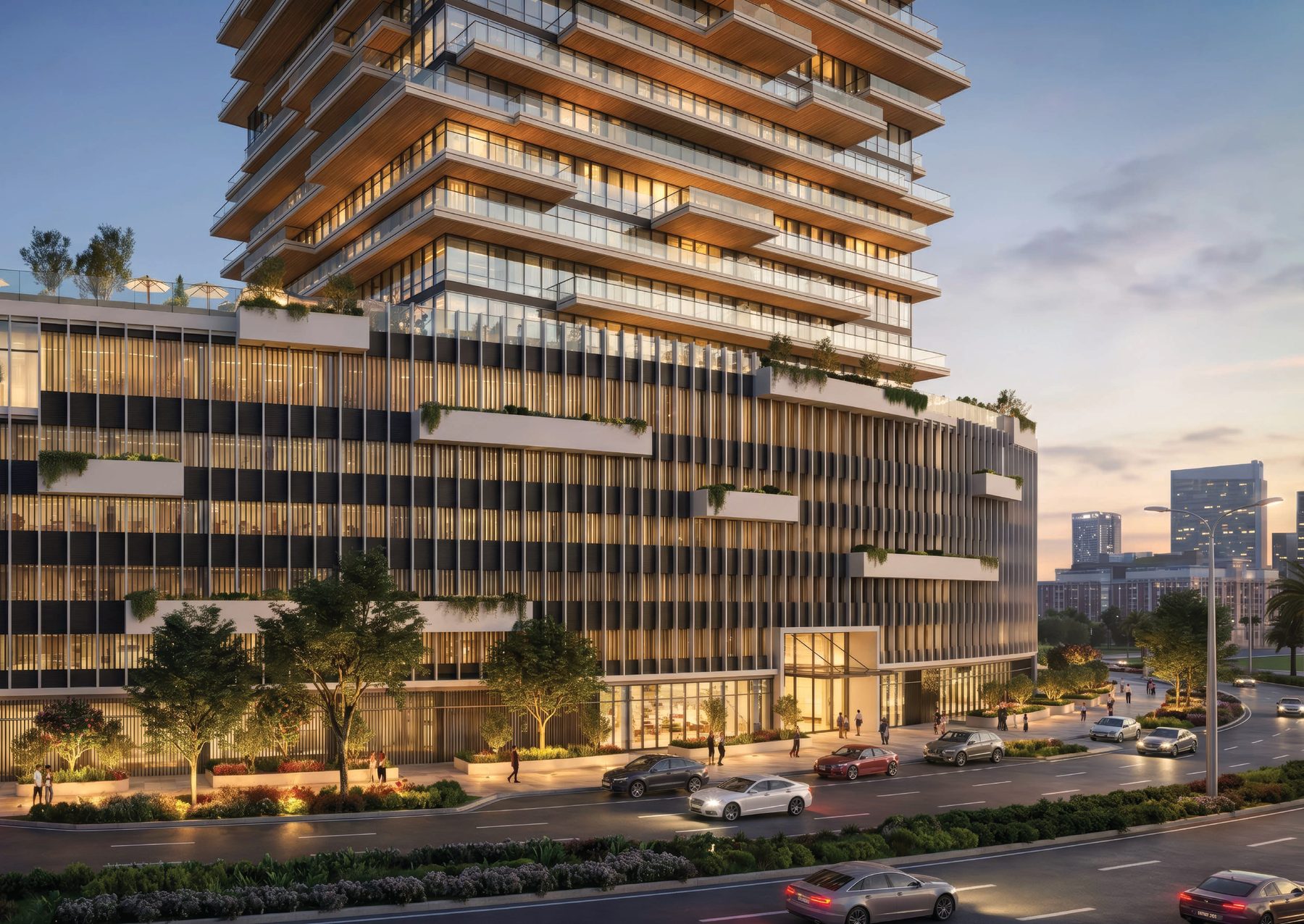 Street-level render of Radiant Terrace: a glazed podium with shops at ground level and the stepped tower above