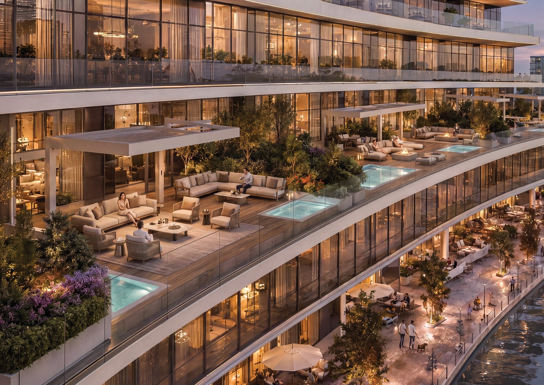 A podium terrace at Radiant Terrace with an outdoor lounge, planting and a private plunge pool